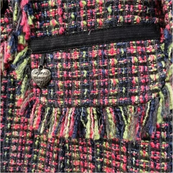 Y2K Womens Tweed Multicolor Boucle Blazer Jacket Military Style Navy Pink XS - Picture 5 of 9